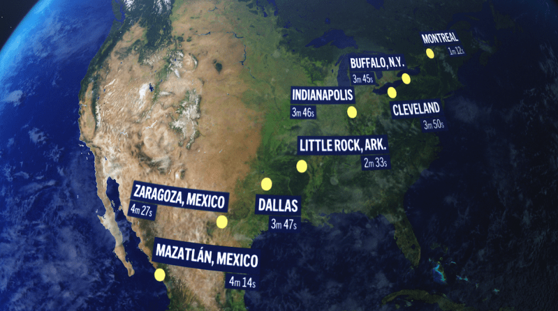map showing length of solar eclipse time in various world cities